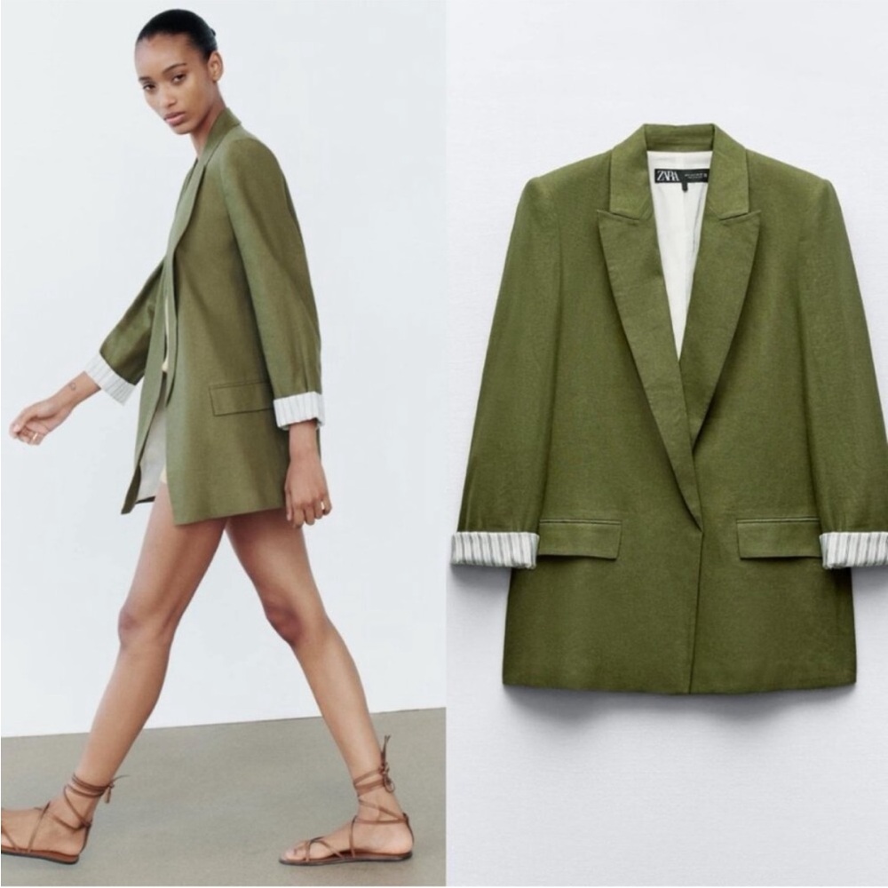 Zara Linen Blend Roll Up Sleeve Open Front Blazer